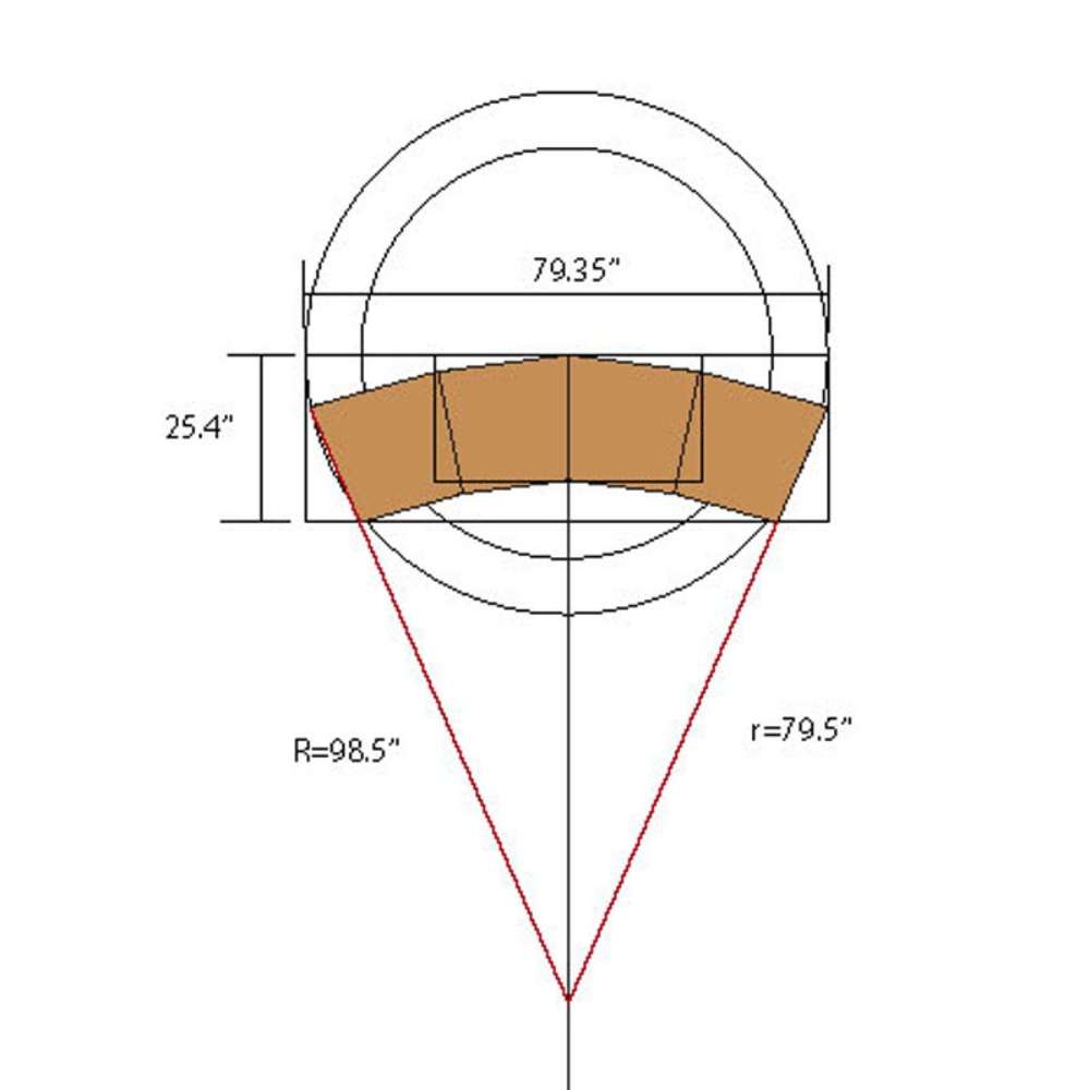 Westminster Teak Somerset Teak Bar top-view layout highlighting its semi-circular shape with precise inner and outer radius measurements
