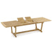 Westminster Teak Veranda 11pc Teak Dining Set expandable teak dining table with partially opened butterfly leaves for flexible outdoor dining