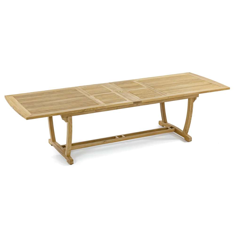 Westminster Teak Veranda 11pc Teak Dining Set large rectangular teak dining table with fully extended butterfly leaves for maximum seating space