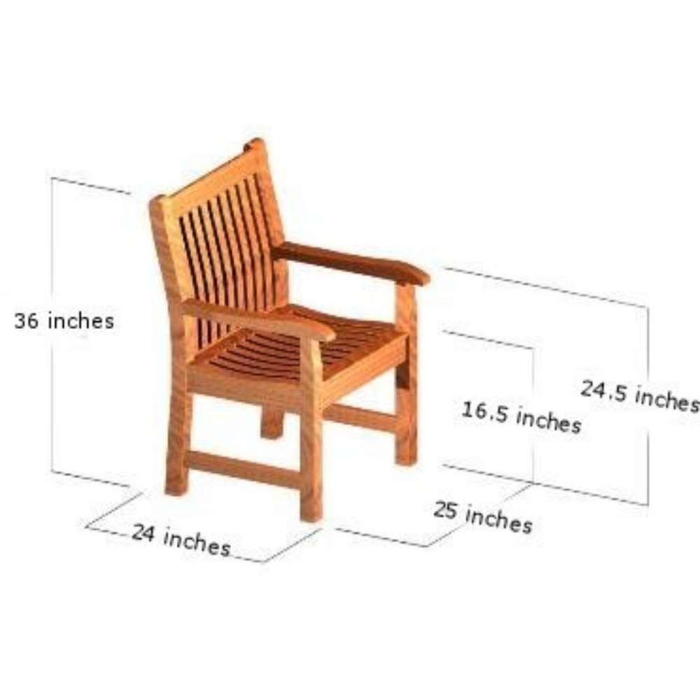 Westminster Teak Veranda 11pc Teak Dining Set teak armchair with dimensions of 36" height, 24" depth, 25" width, and 16.5" seat height for outdoor comfort