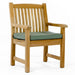 Westminster Teak Veranda 11pc Teak Dining Set teak armchair with wide armrests and a plush green cushion for added comfort