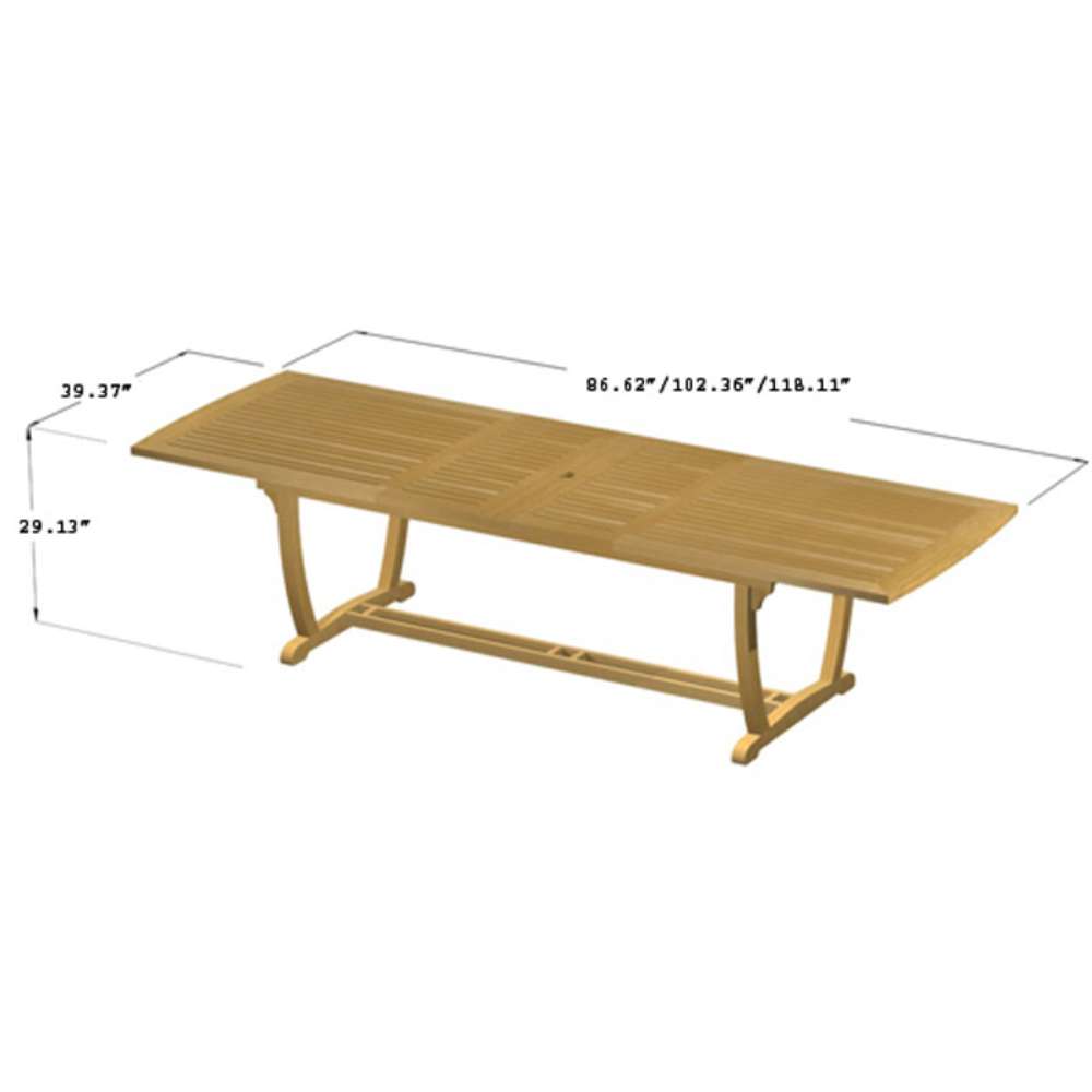 Westminster Teak Veranda 11pc Teak Dining Set teak dining table with dimensions of 39.37" width, 29.13" height, and adjustable lengths up to 118.11