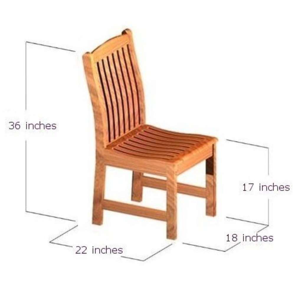 Westminster Teak Veranda 11pc Teak Dining Set teak side chair with dimensions of 36" height, 22" depth, 18" width, and 17" seat height for comfortable seating