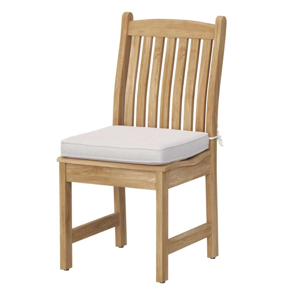 Westminster Teak Veranda Teak Dining Chair features a curved slatted back, natural teak frame, and a soft light seat cushion for added comfort