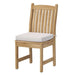 Westminster Teak Veranda Teak Dining Chair features a curved slatted back, natural teak frame, and a soft light seat cushion for added comfort