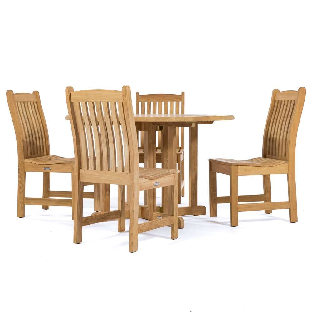 Westminster Teak Veranda Teak Dining Chair forms a four-seat arrangement around a compact teak table