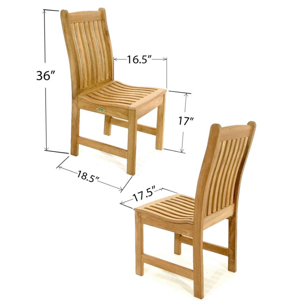 Westminster Teak Veranda Teak Dining Chair includes ergonomic dimensions with a 36-inch height, curved backrest, and contoured slatted seat