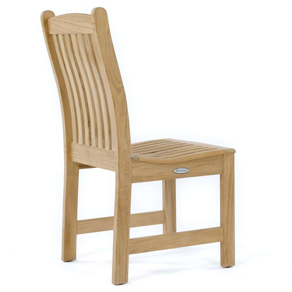 Westminster Teak Veranda Teak Dining Chair offers a tall curved back, smooth slatted design, and sturdy teak wood construction