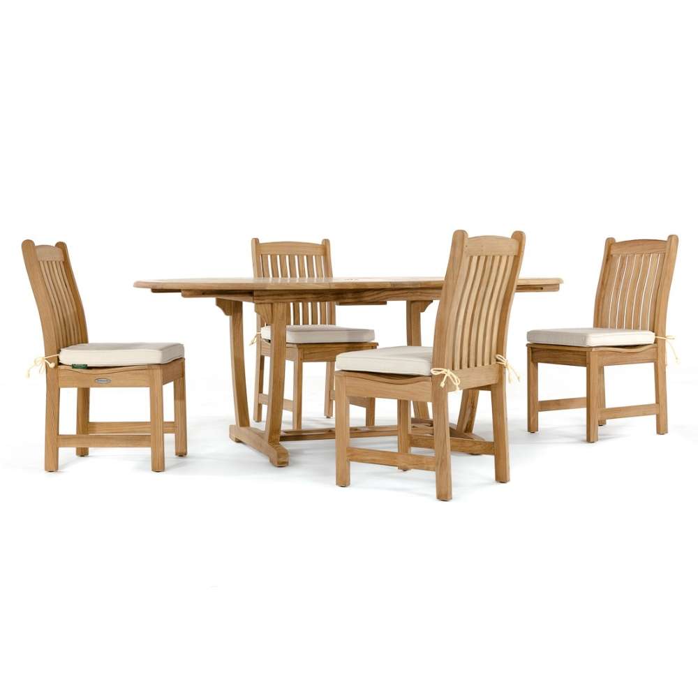 Westminster Teak Veranda Teak Dining Chair pairs with a rectangular teak table and light cushions, creating a clean and modern outdoor dining setup