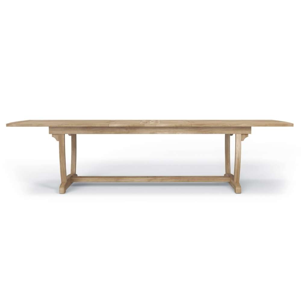 Westminster Teak Veranda Teak Table in a full side profile with an extra-long top and sturdy trestle-style base