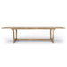 Westminster Teak Veranda Teak Table in a full side profile with an extra-long top and sturdy trestle-style base