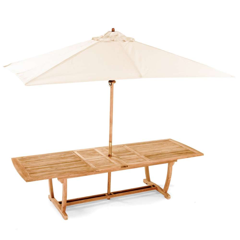 Westminster Teak Veranda Teak Table with a center umbrella opening and a large cream umbrella for shaded outdoor dining