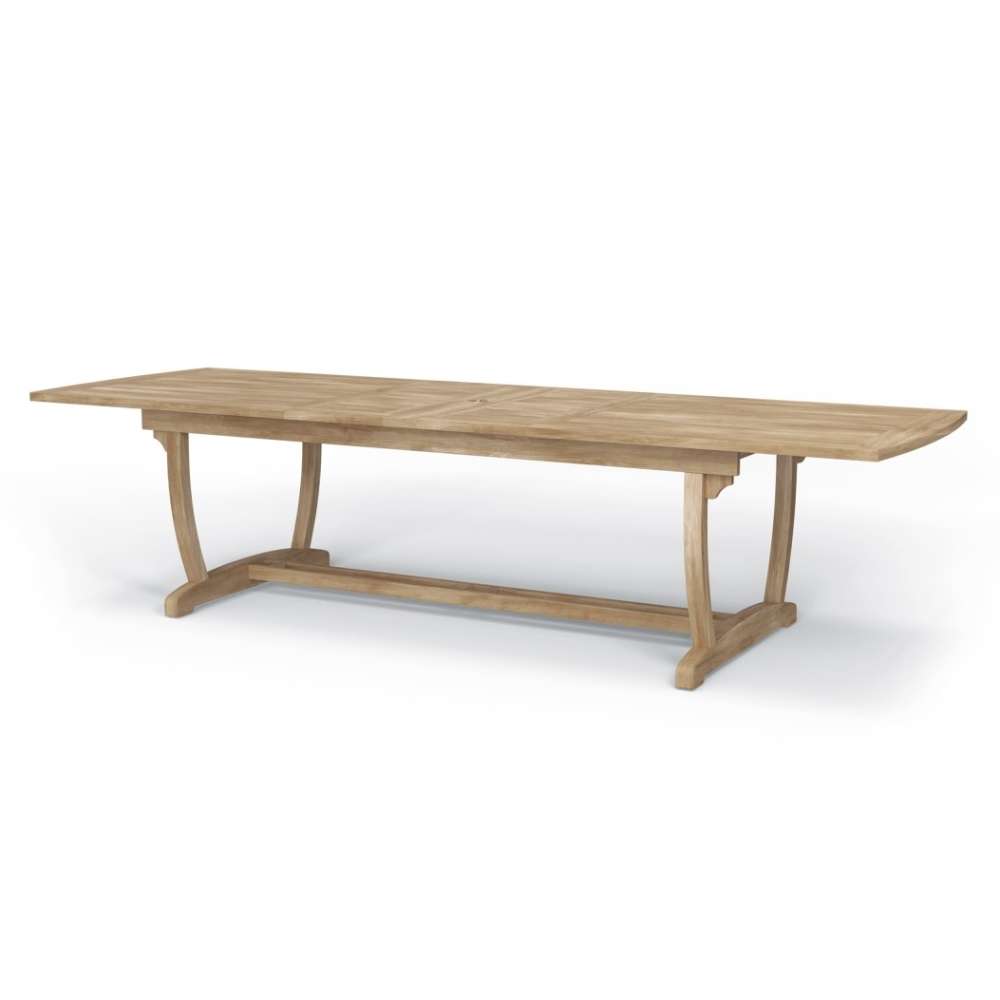 Westminster Teak Veranda Teak Table with a long rectangular teak top and curved pedestal base in its fully extended position