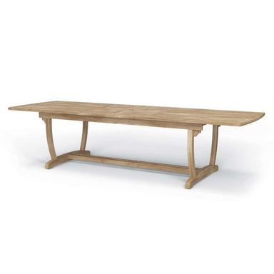 Westminster Teak Veranda Teak Table with a long rectangular teak top and curved pedestal base in its fully extended position