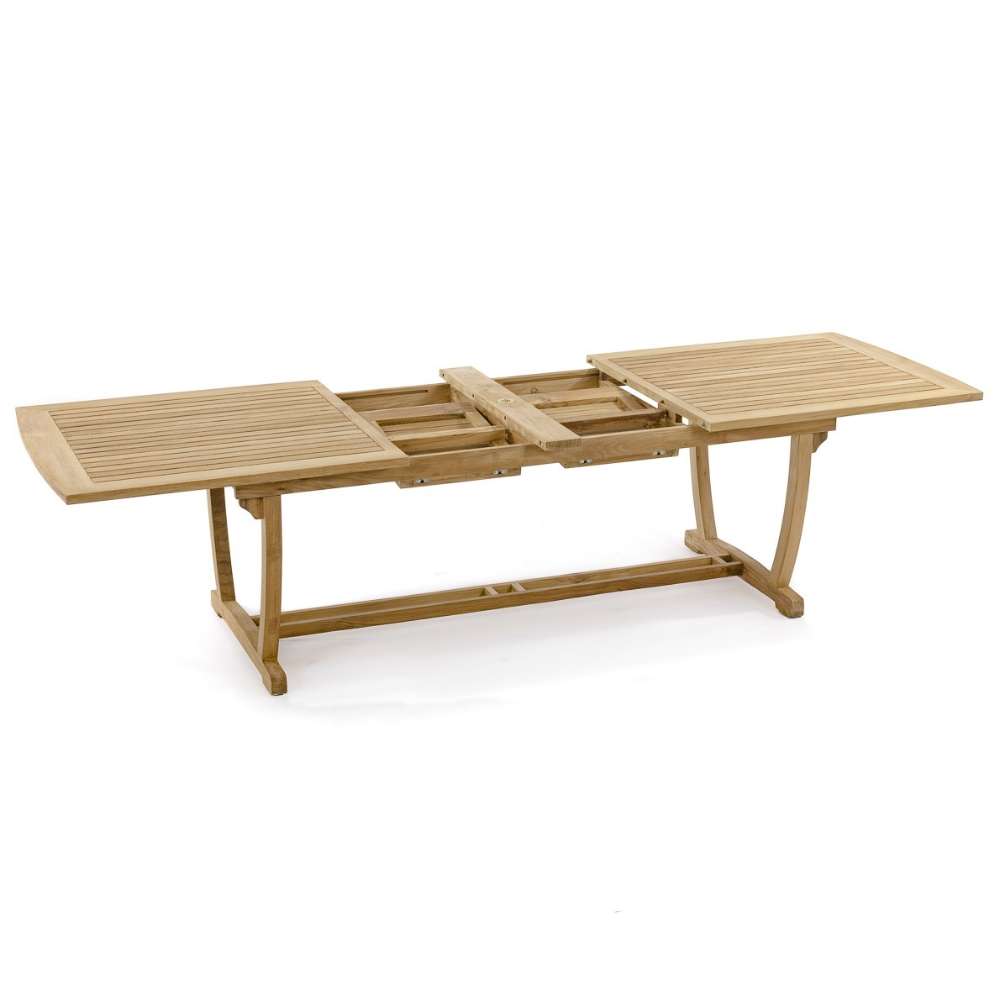 Westminster Teak Veranda Teak Table with both end leaves pulled outward to reveal the center extension mechanism