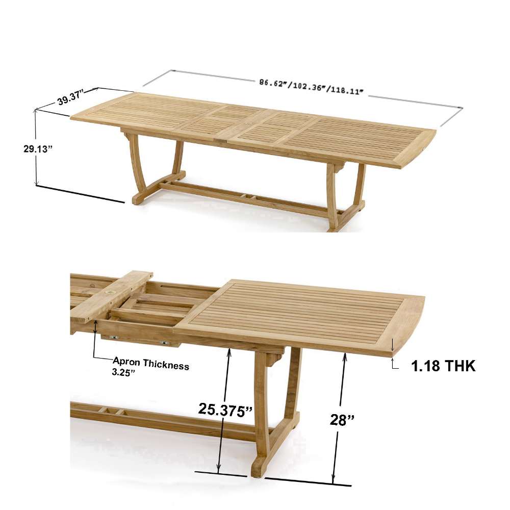 Westminster Teak Veranda Teak Table with dimensions highlighting its expandable length, width, height, apron, and tabletop thickness