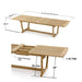 Westminster Teak Veranda Teak Table with dimensions highlighting its expandable length, width, height, apron, and tabletop thickness