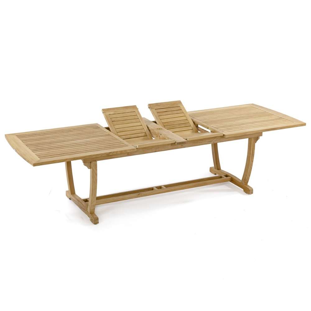 Westminster Teak Veranda Teak Table with two hidden center leaves lifted upright during the extension setup