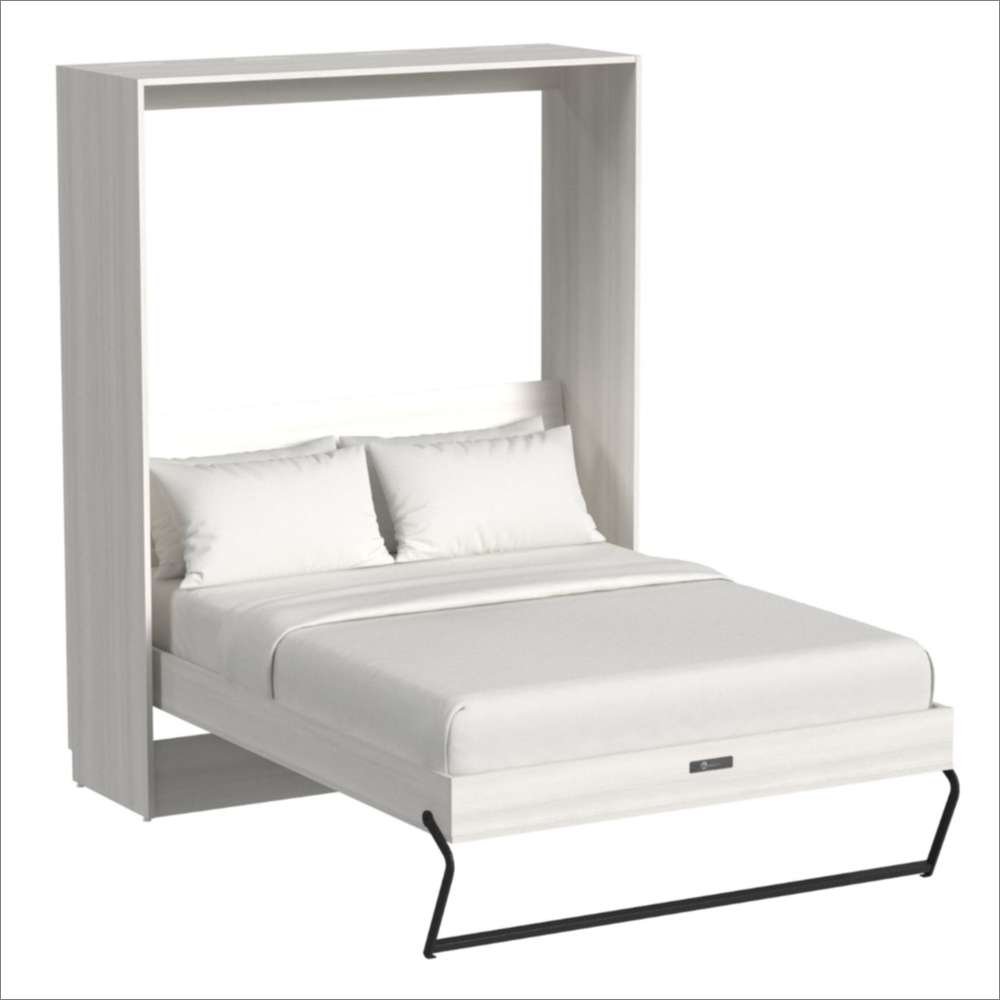 White Ash Inovabed Wall Bed shown open at an angle with white bedding and black support legs