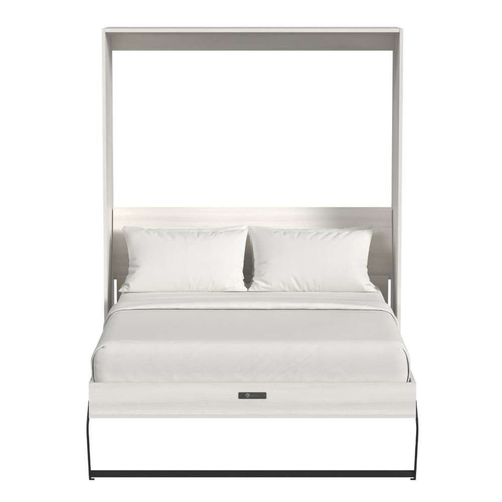 White Ash Inovabed Wall Bed shown open from the front with white bedding and black support legs