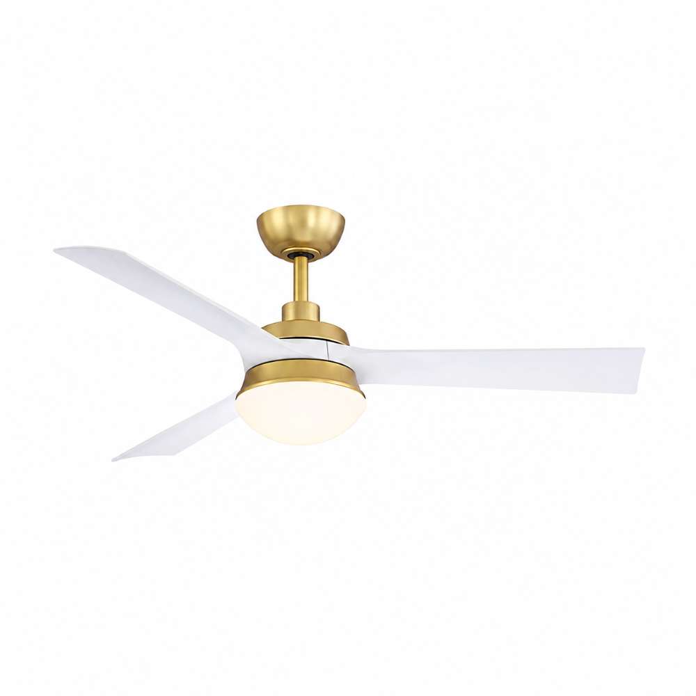 White Crate & Barrel Barlow 52 inch Ceiling Fan with LED Light Indoor/Outdoor with three matte white blades and a brushed satin brass