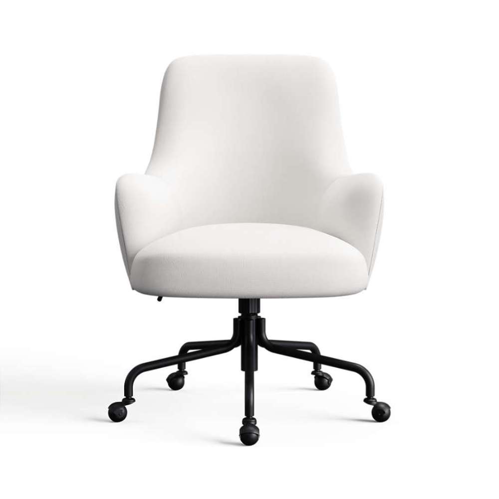 White Icon Chenille Crate & Barrel Bellevue Upholstered Office Chair in white chenille fabric with a plush seat and rolling black base