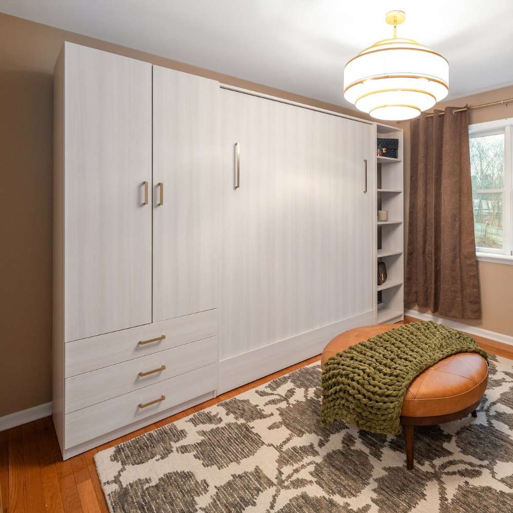 White Inovabed Wall Bed closed in a bedroom with side cabinets, drawers, and open shelving