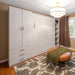 White Inovabed Wall Bed closed in a bedroom with side cabinets, drawers, and open shelving