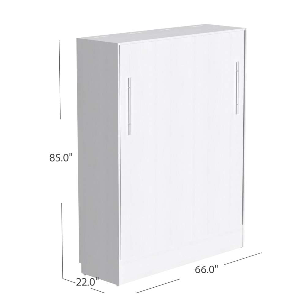 White Inovabed Wall Bed closed in a cabinet, measuring 85 inches high, 66 inches wide, and 22 inches deep