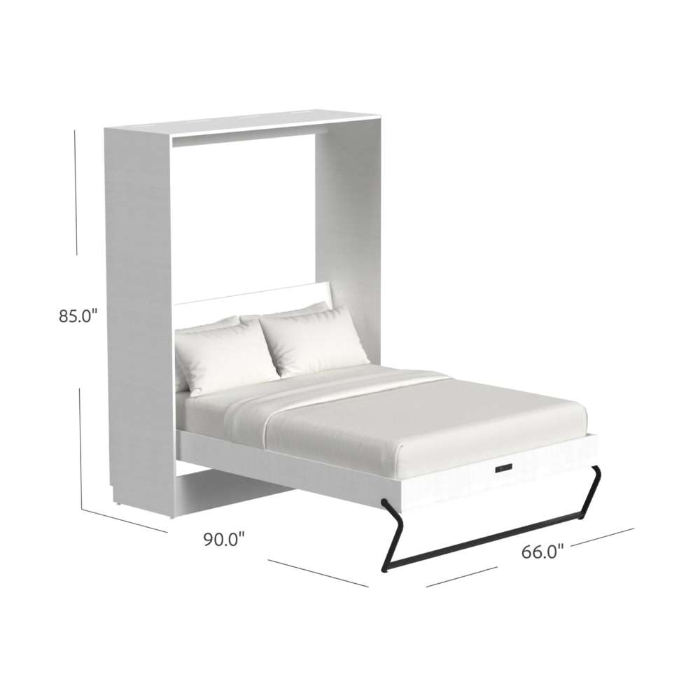 White Inovabed Wall Bed opened with a queen bed, measuring 85 inches high, 90 inches deep, and 66 inches wide