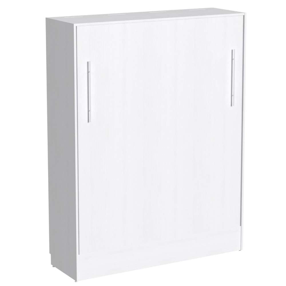 White Inovabed Wall Bed shown closed in a white cabinet with two long silver handles