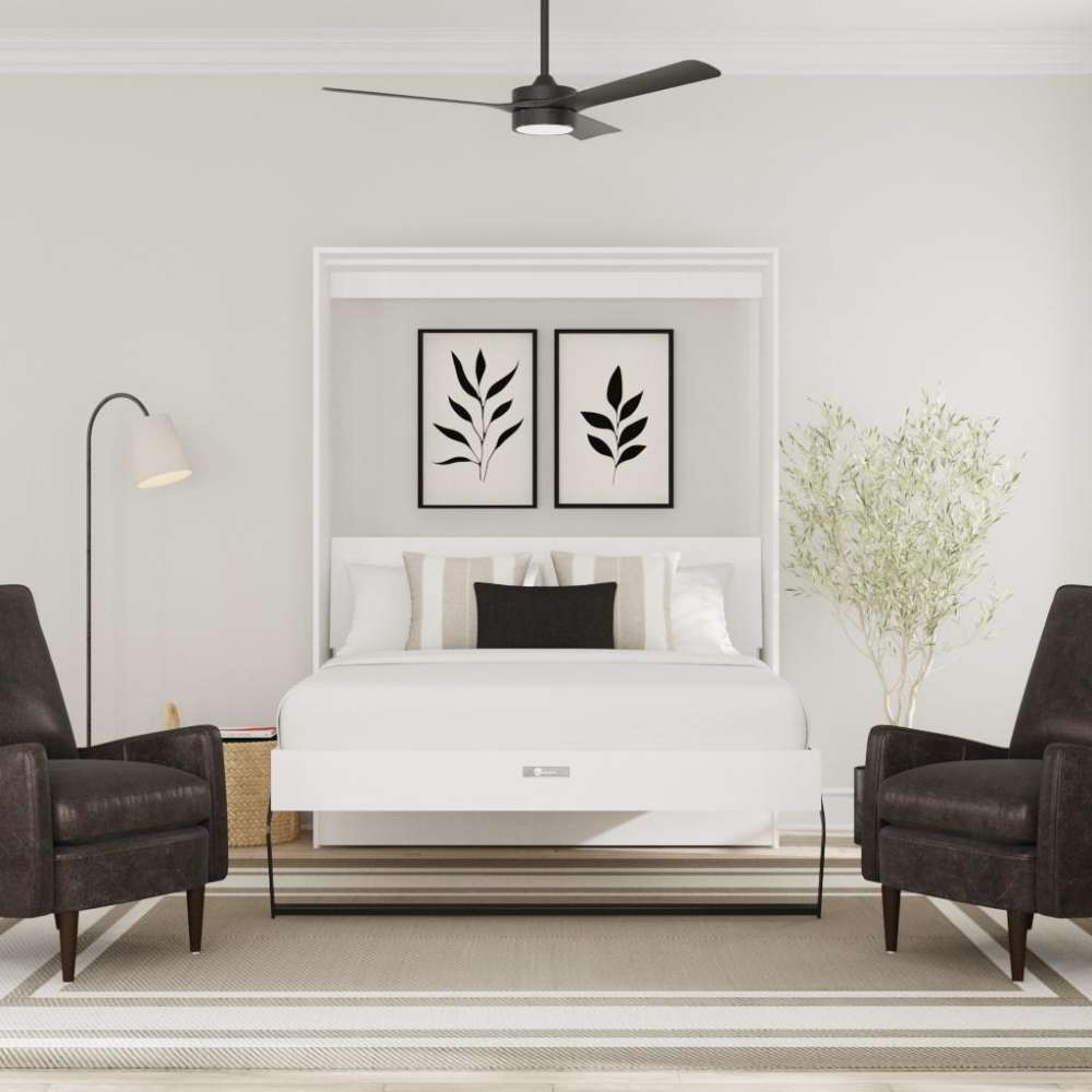 White Inovabed Wall Bed shown open in a living room between two dark armchairs
