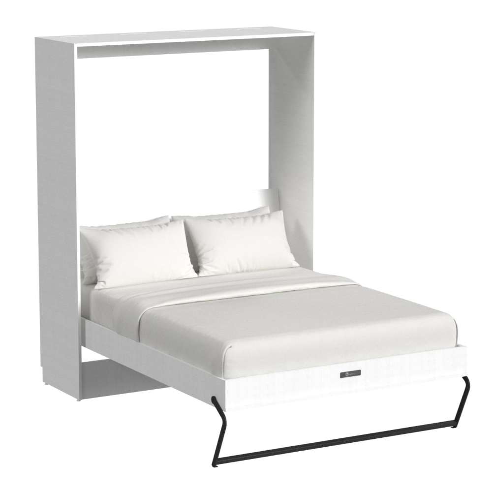 White Inovabed Wall Bed shown open with white bedding and black support legs