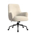 White Linen Linen Weave Crate & Barrel Bellevue Upholstered Office Chair angled view showing textured white fabric padded arms and rolling black base