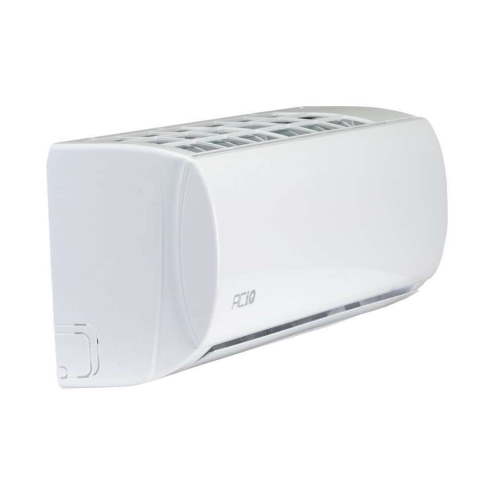 White indoor air handler is shown at an angle for ACiQ 9000 BTU Essentials 21 SEER2 Single Zone Wall Mount Mini Split Heat Pump System