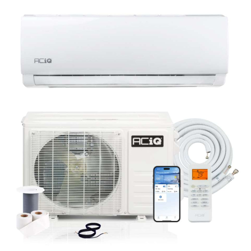 White indoor unit package displays the condenser, remote, smartphone control, line set, and accessories for ACiQ 9000 BTU Essentials 21 SEER2 Single Zone Wall Mount Mini Split Heat Pump System