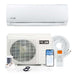 White indoor unit package displays the condenser, remote, smartphone control, line set, and accessories for ACiQ 9000 BTU Essentials 21 SEER2 Single Zone Wall Mount Mini Split Heat Pump System