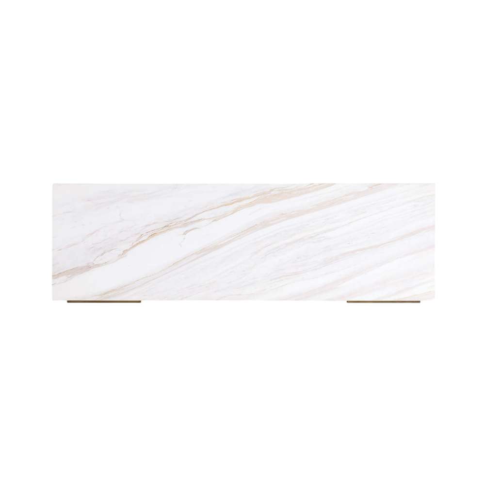White marble top with subtle veining on Crate & Barrel Batten 62" White Oak Wood Console Desk with White Marble Top