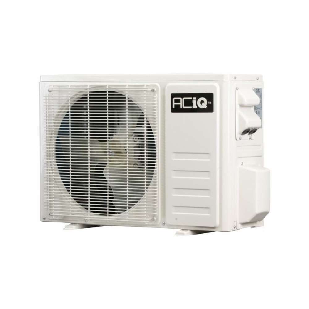 White outdoor condenser with a large front fan grille and black ACiQ logo panel is part of ACiQ 12000 BTU Essentials 17 SEER2 Single Zone Wall Mount Mini Split Heat Pump System