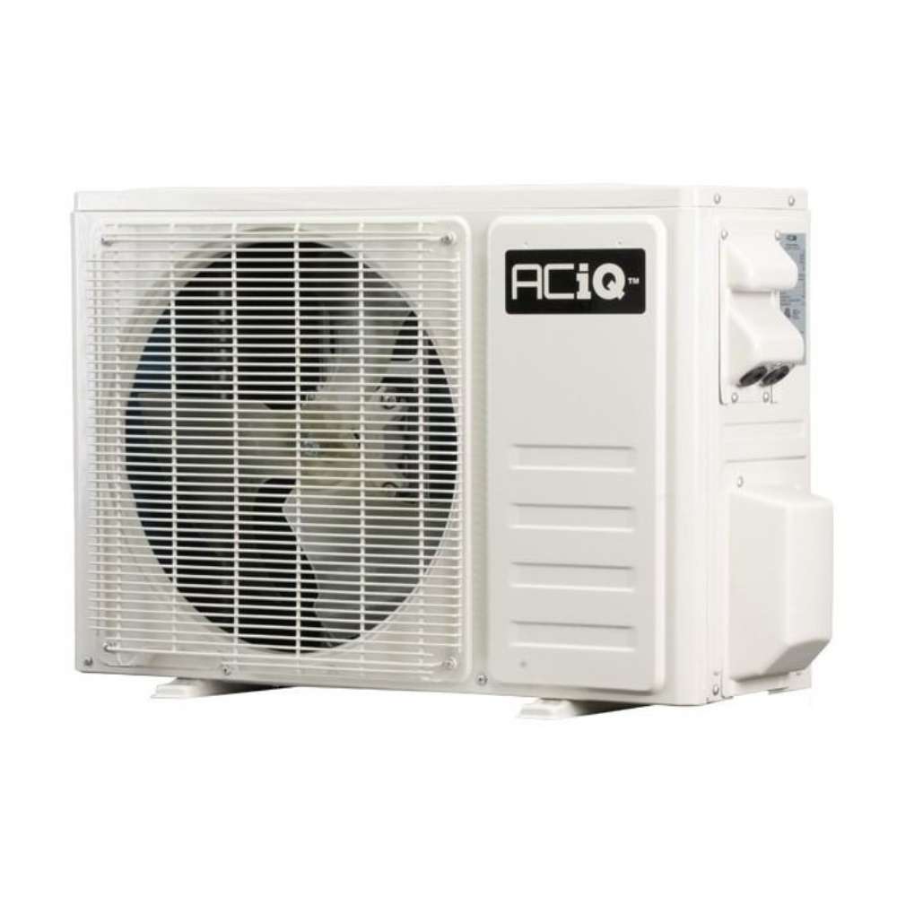 White outdoor condenser with a large front fan grille is part of ACiQ 9000 BTU Essentials 21 SEER2 Single Zone Wall Mount Mini Split Heat Pump System
