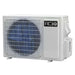 White outdoor condenser with a round blue fan grille and ACiQ logo, shown at an angle, powers the ACiQ 18000 BTU Essentials 22 SEER2 2 Zone Wall Mount Mini Split Heat Pump System