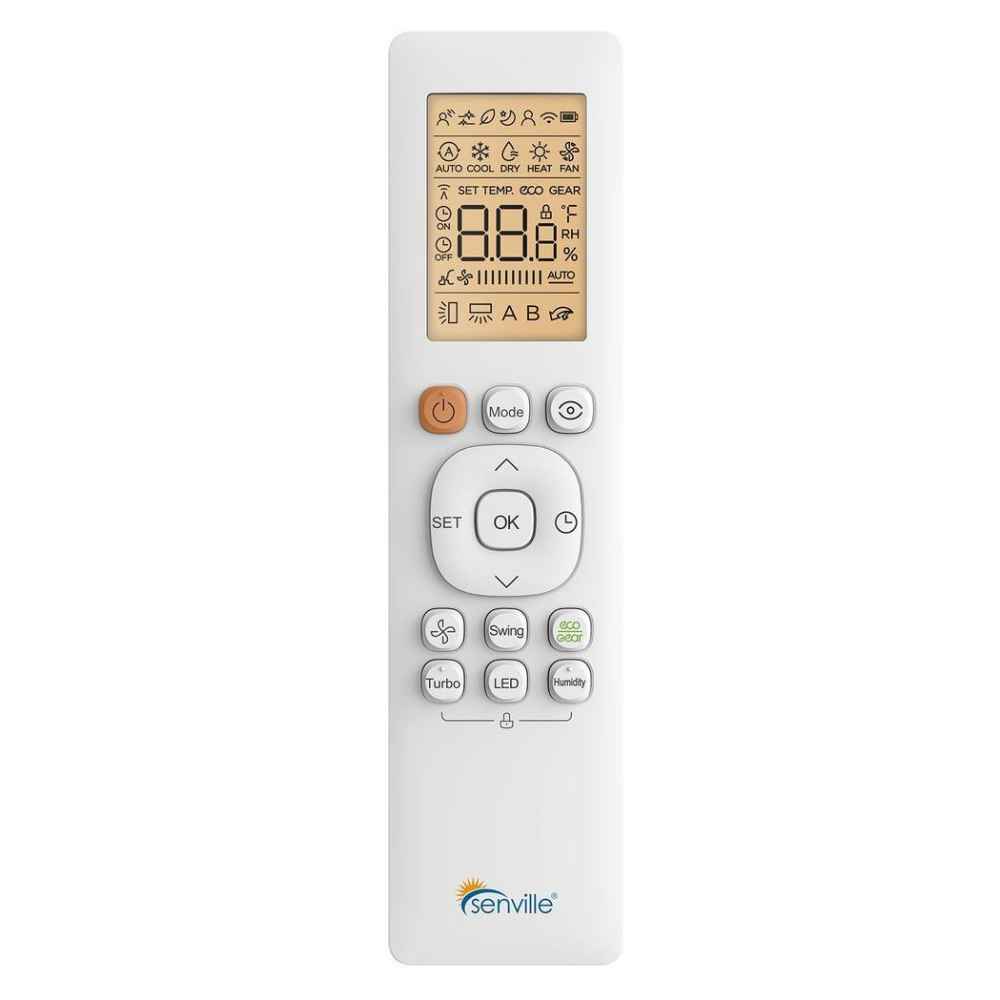 White remote control with multiple buttons and a digital screen for operating Senville 12000 BTU 1-Way Cassette Air Conditioner - Heat Pump - SENA-12HF-1WC