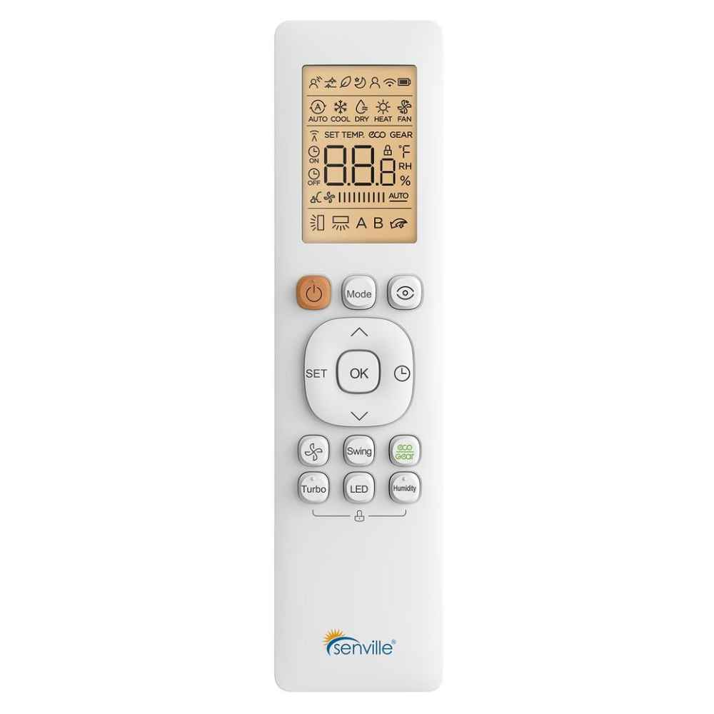 White remote control with multiple buttons and display screen is shown for the Senville 48000 BTU Dual Zone Mini Split Air Conditioner - Heat Pump - SENA48HFD