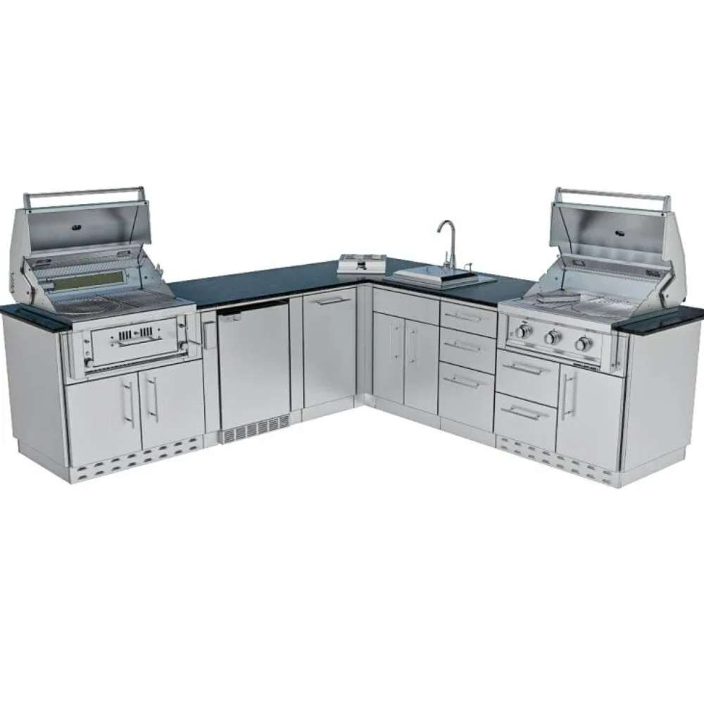 Wide angle view of the full corner kitchen setup in the Sunstone Texas Tango 19ft Outdoor Kitchen Island Package