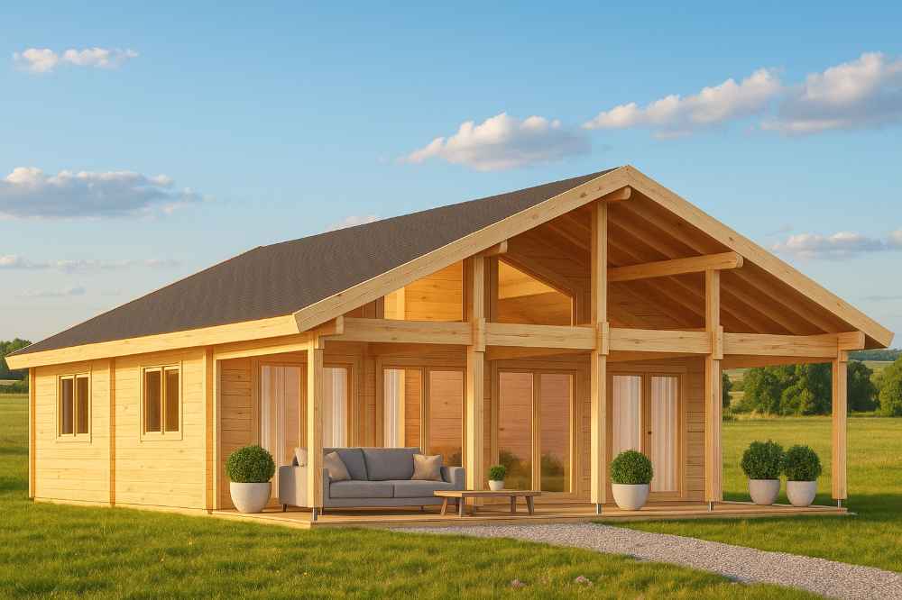 Wide-angle shot of the GardenHouse24 USA Caroline 90 Garden Room showcasing its wooden structure, gabled roof, and clean landscape in an open field