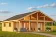 Wide-angle shot of the GardenHouse24 USA Caroline 90 Garden Room showcasing its wooden structure, gabled roof, and clean landscape in an open field
