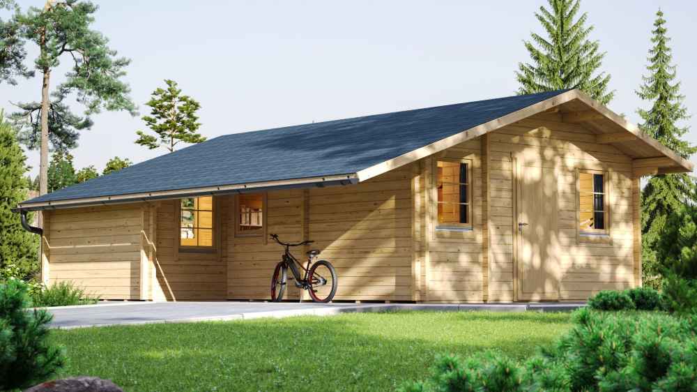 Wide-angle side view of a GardenHouse24 USA Den 70 Garden Room with a black roof, showing a bike and windows along the side