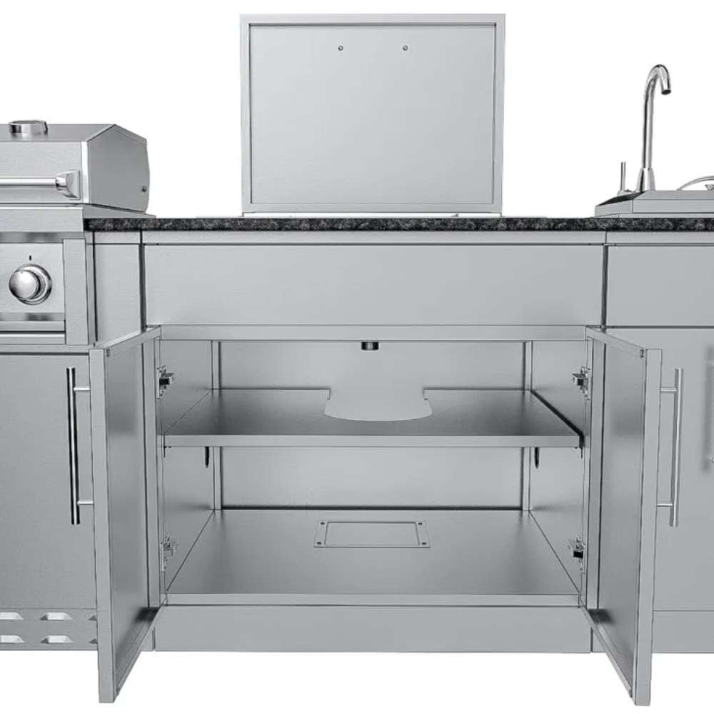 Wide open cabinet under the sink showing interior storage of the Sunstone Alamo 10ft Outdoor Cabinet Island Package with Hybrid Grill