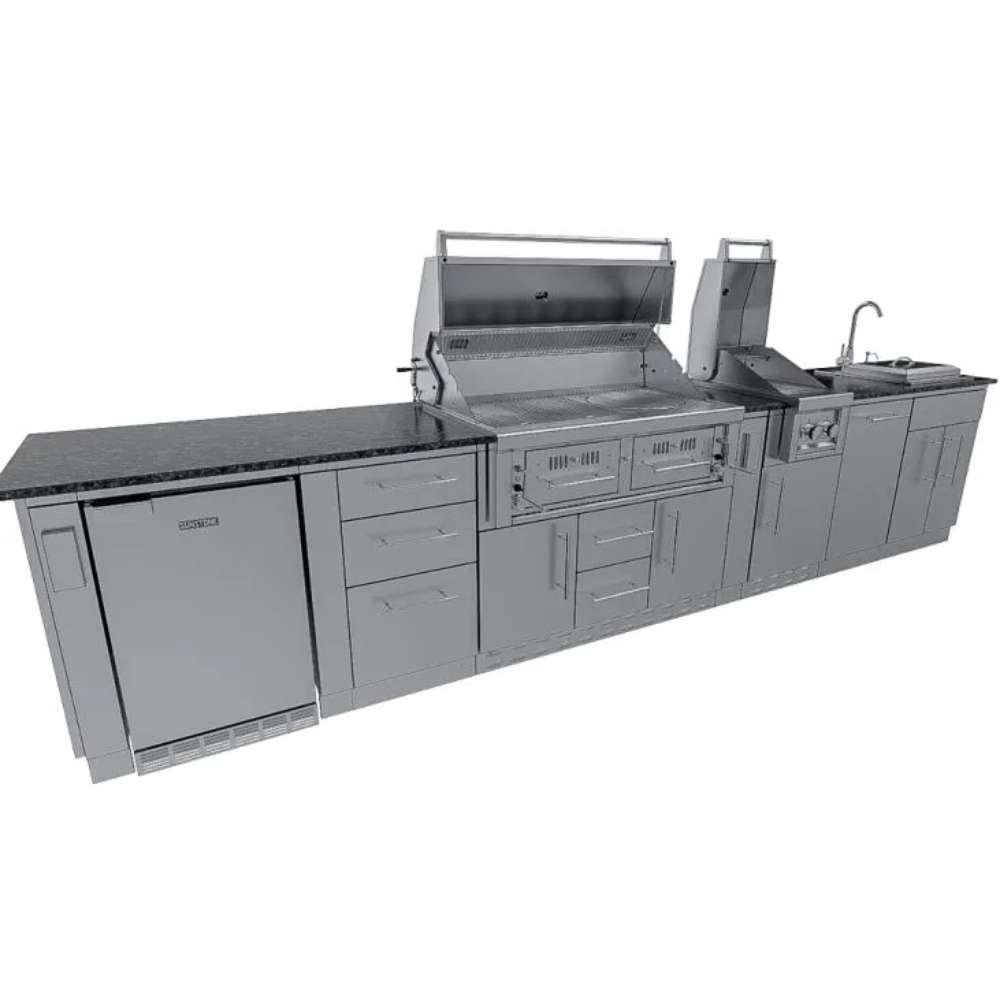Wide view of Sunstone Dallas 14ft Outdoor Kitchen Island Package with Gas Hybrid Charcoal Grill with grill lids open, fridge, sink, and storage