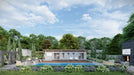 Wide view shows Sawmill Structures The Jasper Garden Suites with a lush landscaped yard, pool, fire pits, and cozy hanging chairs